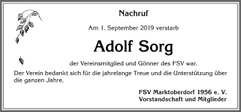 Traueranzeige von Adolf Sorg von Allgäuer Zeitung, Marktoberdorf