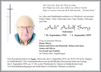 Traueranzeige von Adolf Sorg von Allgäuer Zeitung, Marktoberdorf
