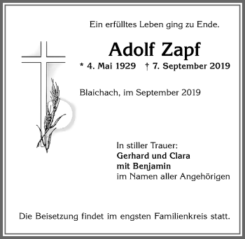 Traueranzeige von Adolf Zapf von Allgäuer Anzeigeblatt