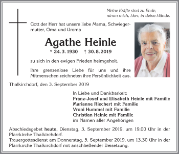 Traueranzeige von Agathe Heinle von Allgäuer Anzeigeblatt