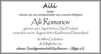 Traueranzeige von Aili Romanov von Allgäuer Zeitung, Kaufbeuren/Buchloe