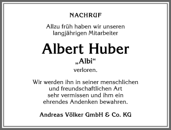 Traueranzeige von Albert Huber von Allgäuer Zeitung,Kempten