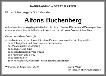 Traueranzeige von Alfons Buchenberg von Allgäuer Anzeigeblatt