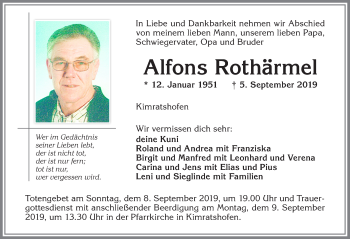 Traueranzeige von Alfons Rothärmel von Allgäuer Zeitung,Kempten