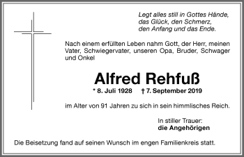 Traueranzeige von Alfred Rehfuß von Memminger Zeitung