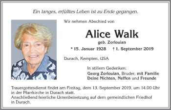 Traueranzeige von Alice Walk von Allgäuer Zeitung,Kempten