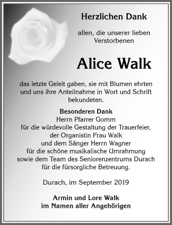 Traueranzeige von Alice Walk von Allgäuer Zeitung,Kempten