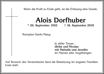 Traueranzeige von Alois Dorfhuber von Allgäuer Zeitung,Kempten