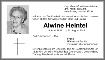 Traueranzeige von Alwine Heintel von Memminger Zeitung