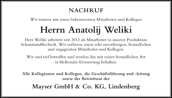 Traueranzeige von Anatolij Weliki von Der Westallgäuer