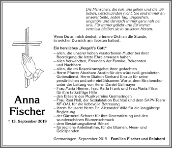 Traueranzeige von Anna Fischer von Allgäuer Zeitung, Kaufbeuren/Buchloe