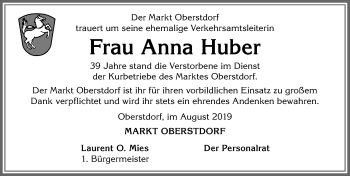 Traueranzeige von Anna Huber von Allgäuer Anzeigeblatt