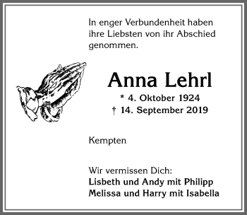Traueranzeige von Anna Lehrl von Allgäuer Zeitung,Kempten