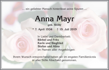 Traueranzeige von Anna Mayr von Allgäuer Zeitung,Kempten