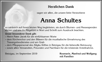 Traueranzeige von Anna Schultes von Allgäuer Zeitung,Kempten