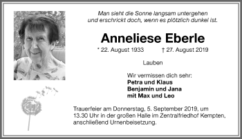 Traueranzeige von Anneliese Eberle von Allgäuer Zeitung,Kempten