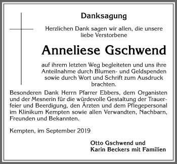 Traueranzeige von Anneliese Gschwend von Allgäuer Zeitung,Kempten
