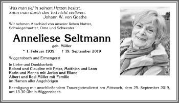 Traueranzeige von Anneliese Seltmann von Allgäuer Zeitung,Kempten