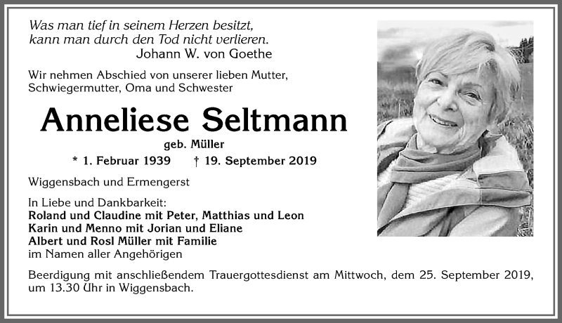  Traueranzeige für Anneliese Seltmann vom 23.09.2019 aus Allgäuer Zeitung,Kempten