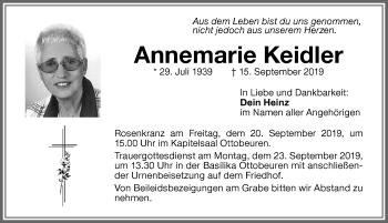 Traueranzeige von Annemarie Keidler von Memminger Zeitung