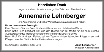 Traueranzeige von Annemarie Lehnberger von Memminger Zeitung