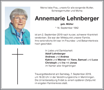 Traueranzeige von Annemarie Lehnberger von Memminger Zeitung