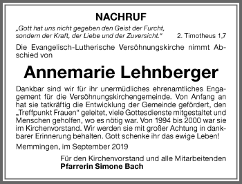 Traueranzeige von Annemarie Lehnberger von Memminger Zeitung