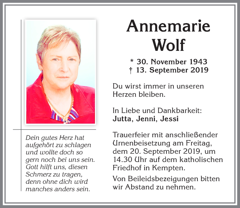  Traueranzeige für Annemarie Wolf vom 18.09.2019 aus Allgäuer Zeitung,Kempten