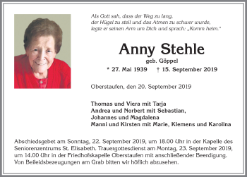 Traueranzeige von Anny Stehle von Allgäuer Anzeigeblatt