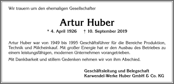 Traueranzeige von Artur Huber von Allgäuer Zeitung, Kaufbeuren/Buchloe