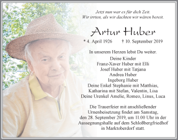 Traueranzeige von Artur Huber von Allgäuer Zeitung