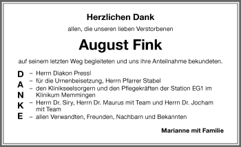 Traueranzeige von August Fink von Memminger Zeitung