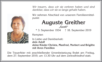 Traueranzeige von Auguste Greither von Allgäuer Zeitung,Kempten