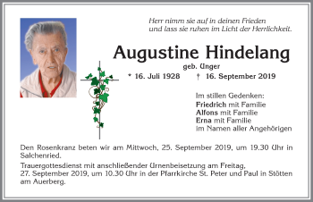 Traueranzeige von Augustine Hindelang von Allgäuer Zeitung, Marktoberdorf