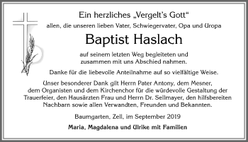 Traueranzeige von Baptist Haslach von Allgäuer Zeitung, Füssen