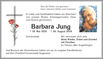 Traueranzeige von Barbara Jung von Allgäuer Anzeigeblatt