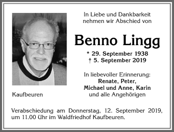 Traueranzeige von Benno Lingg von Allgäuer Zeitung, Kaufbeuren/Buchloe