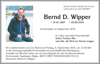 Traueranzeige von Bernd D. Wipper von Allgäuer Anzeigeblatt