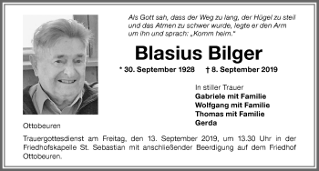 Traueranzeige von Blasius Bilger von Memminger Zeitung