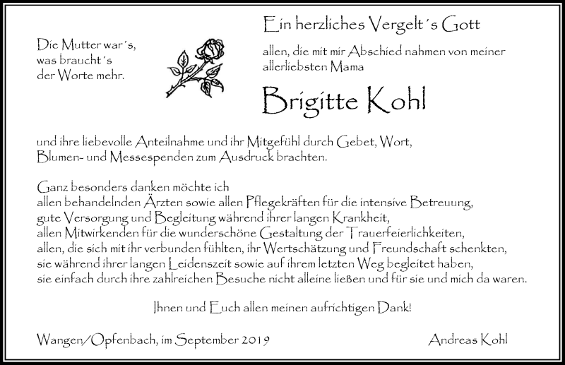  Traueranzeige für Brigitte Kohl vom 07.09.2019 aus Der Westallgäuer