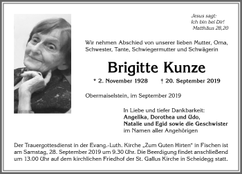 Traueranzeige von Brigitte Kunze von Allgäuer Anzeigeblatt