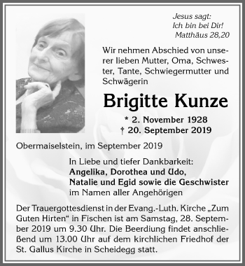 Traueranzeige von Brigitte Kunze von Der Westallgäuer