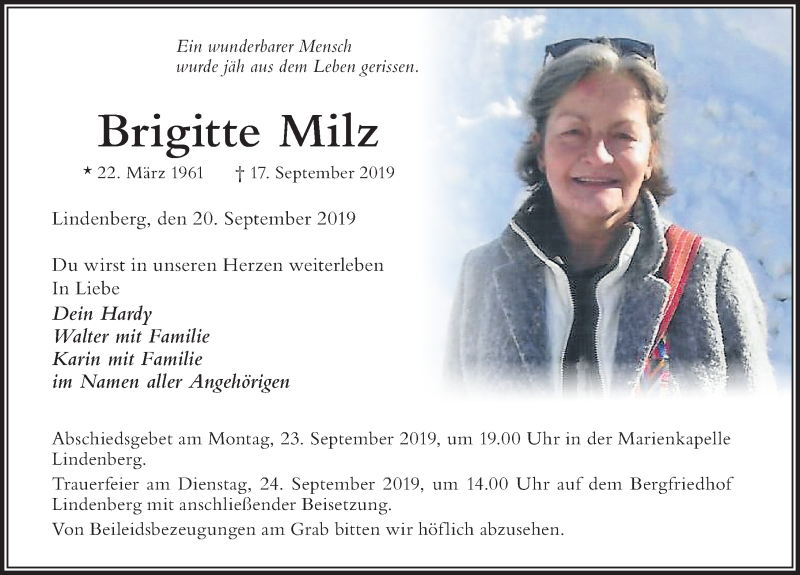  Traueranzeige für Brigitte Milz vom 20.09.2019 aus Der Westallgäuer