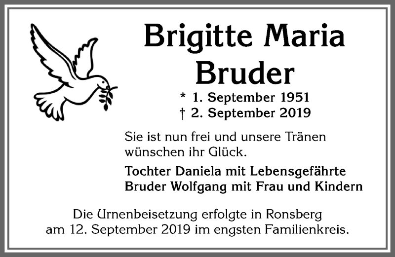  Traueranzeige für Brigitte Maria Bruder vom 21.09.2019 aus Allgäuer Zeitung, Marktoberdorf