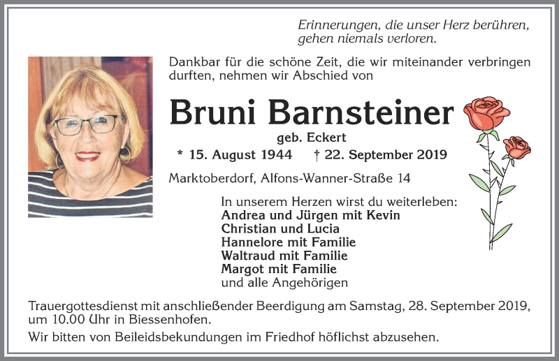  Traueranzeige für Bruni Barnsteiner vom 25.09.2019 aus Allgäuer Zeitung, Marktoberdorf