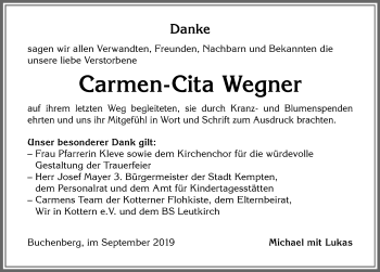 Traueranzeige von Carmen-Cita Wegner von Allgäuer Zeitung,Kempten