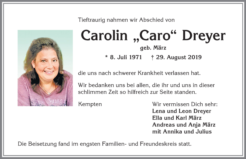  Traueranzeige für Carolin Dreyer vom 11.09.2019 aus Allgäuer Zeitung,Kempten