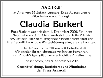 Traueranzeige von Claudia Burkert von Allgäuer Zeitung,Kempten