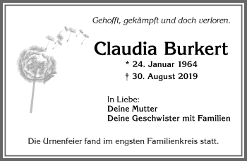Traueranzeige von Claudia Burkert von Allgäuer Zeitung,Kempten