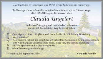Traueranzeige von Claudia Ungelert von Allgäuer Zeitung, Füssen